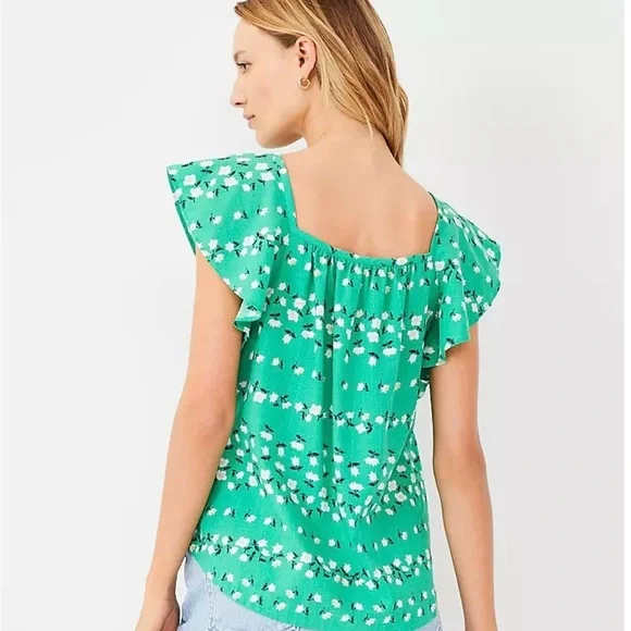 Ann Taylor Floral Chain Square Neck Ruffle Sleeve Top Size Mp - Picture 3 of 9